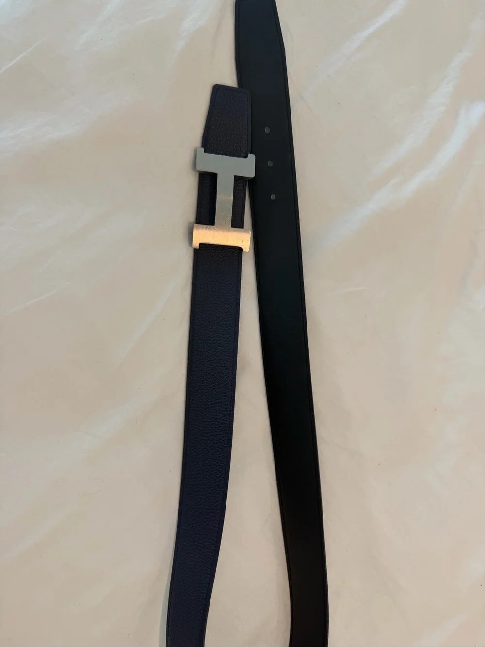 Hermes Reversible Leather Belt with Silver Buckle size 95 Navy and Black